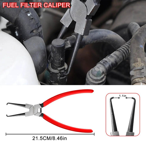 Fuel Filter Caliper from Eight Piece Fuel Line Disconnect Tool Set Pro Grade Must Have All In One Kit with red handles.