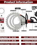 Badass Yet Precise Brushless Concrete Ring Saw With 8900 Watt Drive Motor, Water Powered Dust Scrubber, Pro Grade Titanium Alloy Blade For Clean Fifty Centimeter Cuts products information diagram showing parts and specifications.