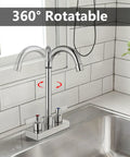 Slick Polished Chrome Bar Sink Faucet Featuring A Solid Four Inch Centerset Spout Rising Eight Point Three Inches Crafted From Tough SUS304 Steel With Zero Fuss Operation For Laundry Bar Cabinet Or Rv Setup That Really Stands Out, showing 360° rotatable dual handles.