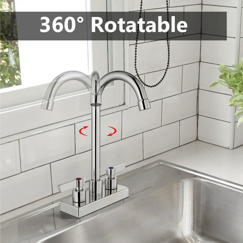 Slick Polished Chrome Bar Sink Faucet Featuring A Solid Four Inch Centerset Spout Rising Eight Point Three Inches Crafted From Tough SUS304 Steel With Zero Fuss Operation For Laundry Bar Cabinet Or Rv Setup That Really Stands Out, showing 360° rotatable dual handles.