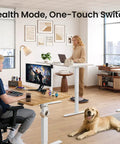 Sit Stand Electric Standing Desk 48 By 24 Inches With Quiet Motor Smooth Height Adjustment From 28 To 46 Inches Ergonomic Computer Desk With Splice Board White Frame And Maple Top Ideal For Home Office in use with people working and exercising