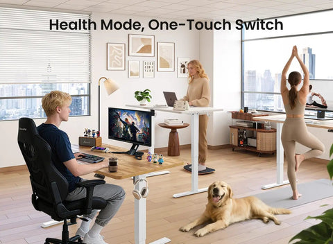 Sit Stand Electric Standing Desk 48 By 24 Inches With Quiet Motor Smooth Height Adjustment From 28 To 46 Inches Ergonomic Computer Desk With Splice Board White Frame And Maple Top Ideal For Home Office in use with people working and exercising