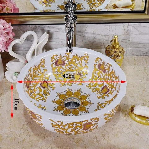 Slick White Ceramic Vessel Sink For Above Counter Bathroom Vanity With Top Shelf Glossy Glaze And Dead Simple Cleanup Round Art Bowl Shape Durable Porcelain, 40cm wide, 15cm deep.
