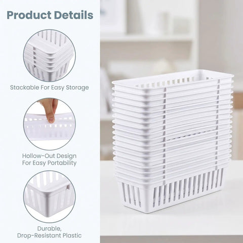 Eighteen Pack Slick Slim Plastic Baskets For Narrow Drawer Setup, stackable white bins showing hollow-out design for easy portability.