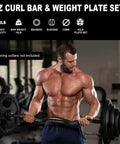 Man using 25mm Grip Black EZ Curl Bar And 85lb Rubber Coated Plates Set for home gym strength training, focuses on biceps and triceps.