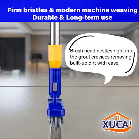 Close-up of Long Reach Grout Brush With Extendable Stainless Steel Handle For Floor To Wall Cleaning, showing stiff bristles in use.