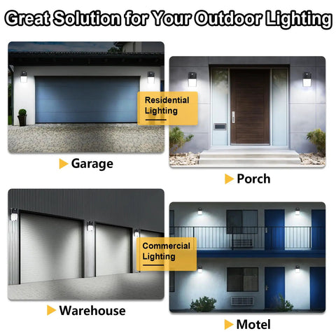 2 Pack Dusk To Dawn Outdoor Wall Pack Lights, 4750 Lumens, 5000K Daylight Equivalent, shown lighting garage, porch, warehouse, motel