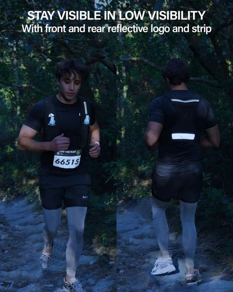 Runner wearing Running Hydration Vest for Women and Men with 500ml BPA Free Soft Flask, reflective strips visible.