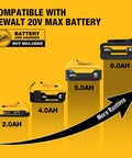 DeWalt battery compatibility chart showing various 20V Max batteries with 2.0AH, 4.0AH, 5.0AH, and 6.0AH versions.