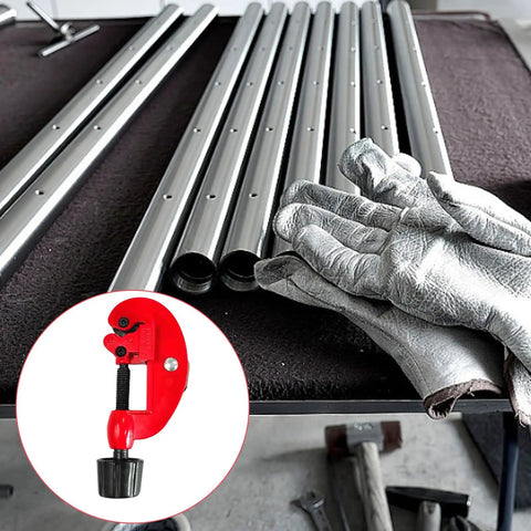 Ergonomic Pipe Cutter 3-28mm Tubing Cutter with metal pipes and gloves in workshop setting