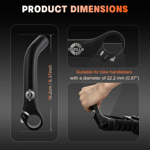 Product dimensions of Upgraded Ergonomic Bike Bar Ends Extension For 21.5 To 22.2 Mm Handlebars shown with hand grip in use