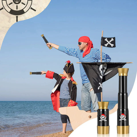 Two Pack Pirate Telescope Toys For Kids Mini Handheld Monocular Bronze And Black Set For Curious Explorers, Perfect For Pretend Sea Adventures, Sharing With Friends, Outdoor Fun, And Educational Imagination. Kids pirate telescope toys, plastic, 18 x 4 cm, with pirate play scene