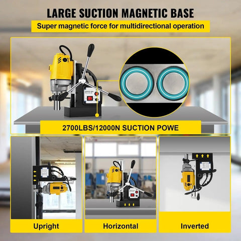 Heavy Duty Magnetic Drill Press 980W 1100W 1200W Electric Bench Drilling Rig showing large suction magnetic base and multi-directional setup.