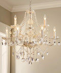 Nine Light Modern Crystal Glass Chandelier Pendant Ceiling Light Fixture With Glass Droplets, 28 Inch Wide, lit room view