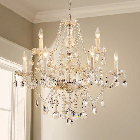 Nine Light Modern Crystal Glass Chandelier Pendant Ceiling Light Fixture With Glass Droplets, 28 Inch Wide, lit room view
