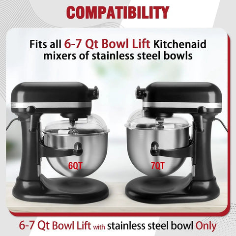 Two 6-7 Qt tilt-head stand mixers with stainless steel bowls highlighting compatibility with Pouring Shield Splash Guard For 6-7 Qt Tilt-Head Stand Mixer With Stainless Steel Bowl Perfect For Mess-Free Pour Secure Fit And Easy Use Accessories And Attachments.