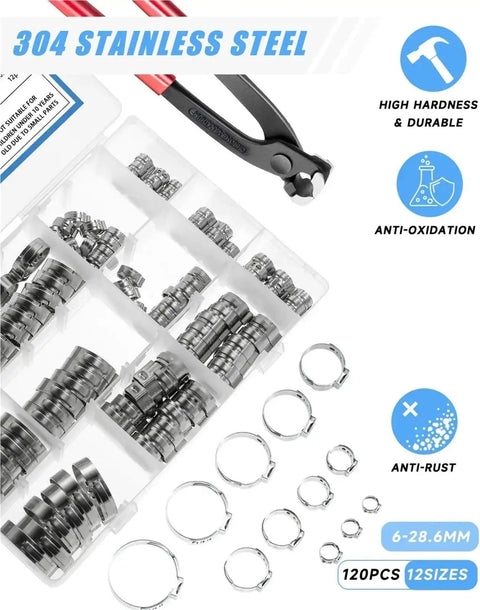 120 Piece Stainless Steel Single Ear Hose Clamp Kit With Pincer Tool, 12 Sizes, Durable 304 Stainless Steel, Storage Case