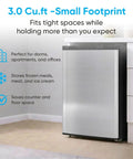 Compact 3.0 Cubic Foot Upright Freezer With Seven Adjustable Temperature Controls And A Sleek Silver Design, fits tight spaces.