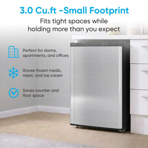 Compact 3.0 Cubic Foot Upright Freezer With Seven Adjustable Temperature Controls And A Sleek Silver Design, fits tight spaces.