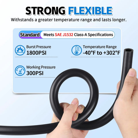 Boltigen 3/8 in ID transmission oil cooler hose, 10 ft, black flexible hose coiled in hand.