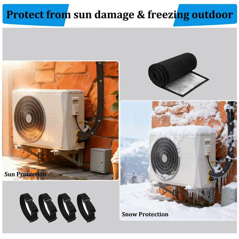4 Layer HVAC Copper Pipe Insulation Cover For Outdoor Use displayed, shielding pipes from sun and snow with black rolled sleeve.