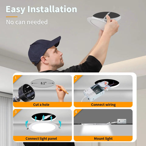 Installation of 12 Pack 8 Inch LED Recessed Downlights With Junction Box Ultra Thin Design, Dimmable Canless Fixture, 3000K 4500K 6000K Adjustable