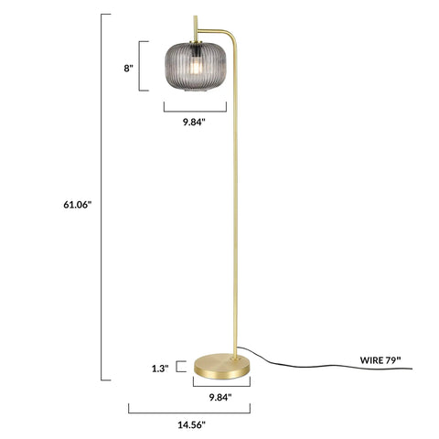 Etched Glass Floor Lamp With Brushed Brass Finish Smoke, Retro Vibe Meets Mid Century Modern Style, Slim Stem Design