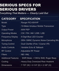 Specifications chart for Beefy High Power 10 Meter Amateur Radio Transceiver With 80W PEP All Mode CW FM AM SSB SRA 198NC Dynamic Noise Canceling Microphone.