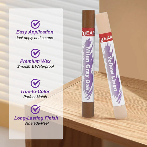 Wood Repair Wax Crayon Kit With 20 Color Filler Sticks To Fix Scratches Dents And Cracks On Furniture Floors Cabinets Stairs And Woodwork Touch Up Markers For Hardwood And Carpentry Gray Series shown with two color sticks titled Milan Gray Oak and Yellow Linen on wood surface with application benefits text.