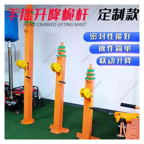 Rock Solid Electric Lifting Mast Telescopic Boom Four Meter Height With 12V DC Drive And Hand Crank Backup showcased in orange, showing its lifting mechanisms.