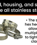 Group of Pro Tie 33501 stainless hose clamps, 4-pack; fits 1-1/16 to 2 in, with slotted hex head bolts