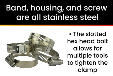 Group of Pro Tie 33501 stainless hose clamps, 4-pack; fits 1-1/16 to 2 in, with slotted hex head bolts