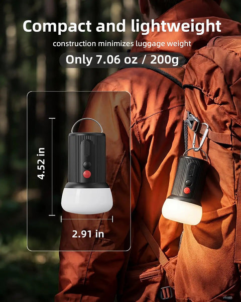 Rechargeable LED Camping Lantern With 6000mAh Battery Emergency Outdoor Tent Light clipped to a backpack
