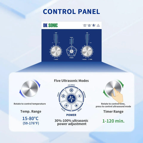 Control panel of Top Notch Dk Sonic 30L Ultrasonic Cleaner 600W showing five modes, temperature, and timer settings.