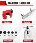 Front view of Esakoya brake line flaring kit: red tube cutter, silver flaring bar, five black adapters, and flaring cone.