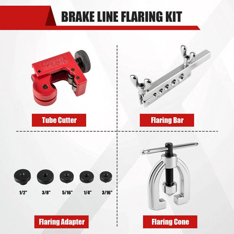 Front view of Esakoya brake line flaring kit: red tube cutter, silver flaring bar, five black adapters, and flaring cone.