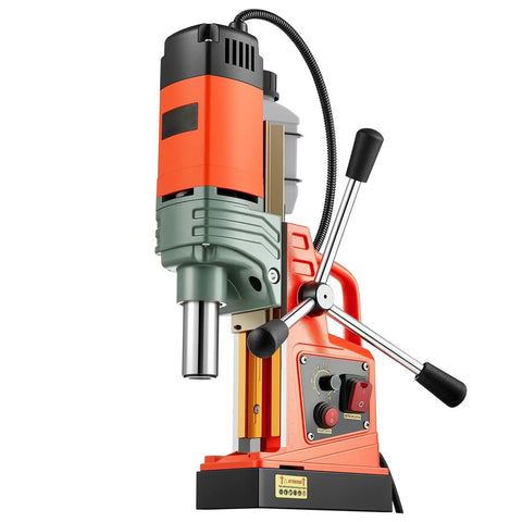 Job Site Ready 1400W Magnetic Drill Press With Two Inch Boring Range And Smooth Variable Zero Through Eight Hundred Rpm Control Paired With Rock Solid Hold Base Plus Weldon Shank For Steel Tasks, showing the drill's motor and controls.