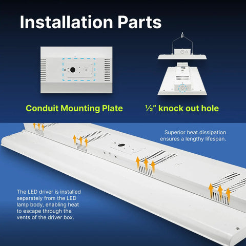 Two Foot Linear LED Shop Light 165W 22400 Lumens Dimmable Daylight 5000K installation parts with mounting plate and heat dissipation features