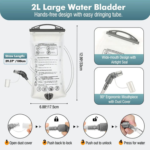 2L water bladder with straw and instructions for Running Hydration Vest With 2L Water Bladder, Lightweight Reflective Chest Pack with gear holder.
