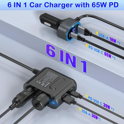 Badass 6In1 Cigarette Lighter Splitter With Pd 65W Usb Port And Live Voltage Display Straight Fire 300W Car Charger Adapter for multi-device charging.