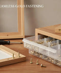 Gold Self-Tapping Picture Frame Screws With Integrated Washers for DIY crafts displayed on a wooden surface with frames.