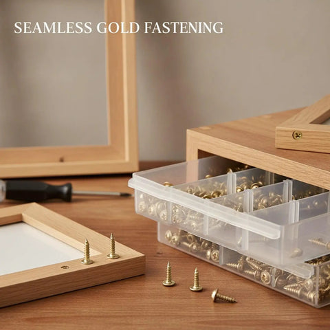 Gold Self-Tapping Picture Frame Screws With Integrated Washers for DIY crafts displayed on a wooden surface with frames.