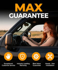 Woman driving a car with max guarantee text and icons for customer service, warranty, and installation benefits