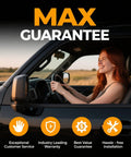 Smiling woman driving a car emphasizing MAX Guarantee with icons for customer service, warranty, value, and installation.