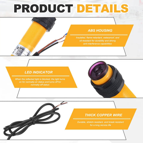 M18 Photoelectric Sensor 30 cm Diffuse Switch, 6-36V DC, NPN NC with ABS housing, LED indicator, and thick copper wire details