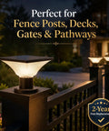 Solar Powered Post Cap Lights Outdoor Dusk To Dawn Auto On Off 400 Lumen Lanterns illuminating a fence at night