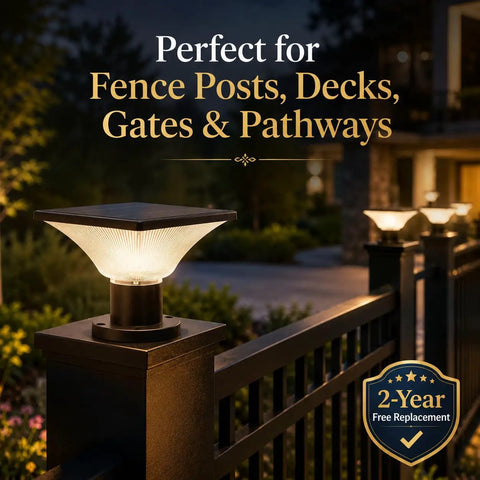 Solar Powered Post Cap Lights Outdoor Dusk To Dawn Auto On Off 400 Lumen Lanterns illuminating a fence at night