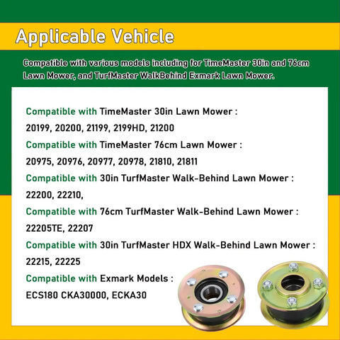 Compatibility chart for Mower Idler Pulley And Deck Belt Kit For 30 Inch Deck Walk Behind Mowers, including model numbers.