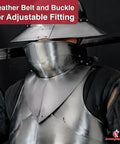 Bevor armor in 16 gauge steel with polished finish showing full face and neck protection, leather strap with steel buckle