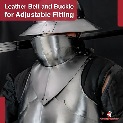 Bevor armor in 16 gauge steel with polished finish showing full face and neck protection, leather strap with steel buckle